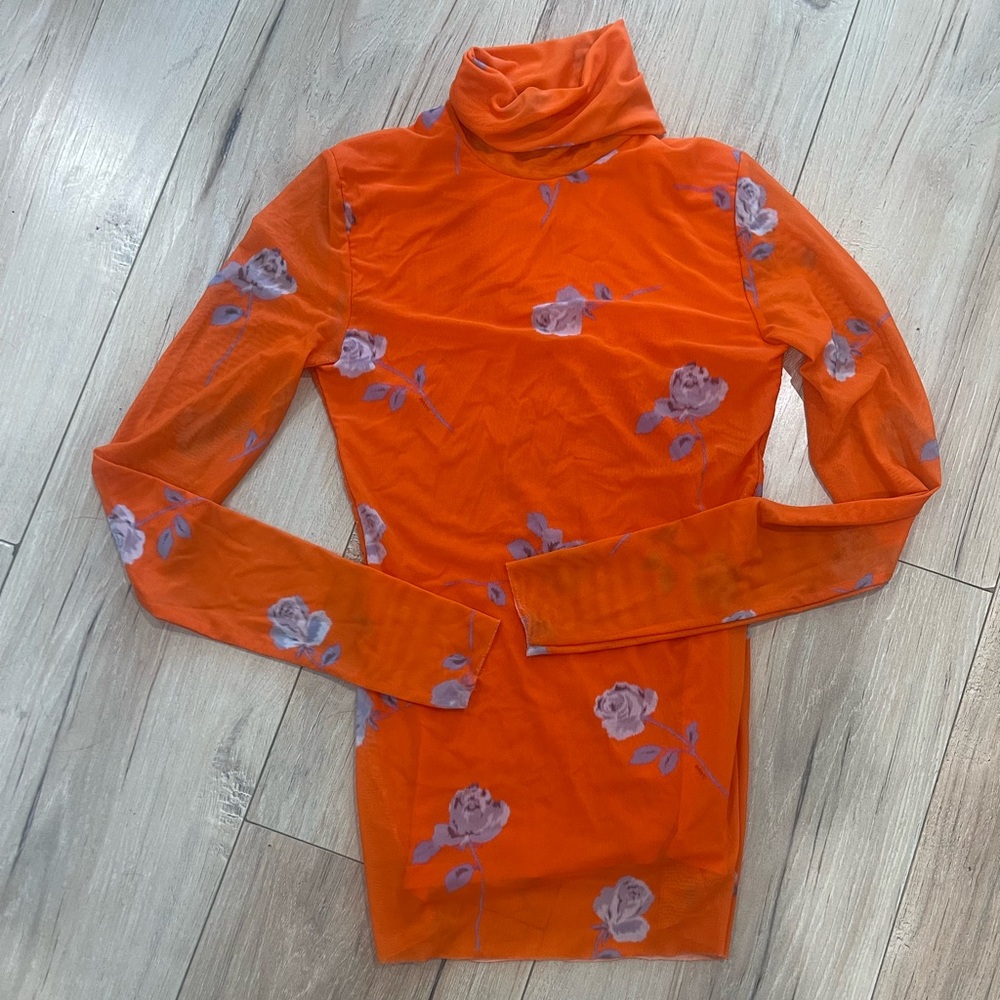 GANNI FLORAL MESH LONG SLEEVE ROLL NECK